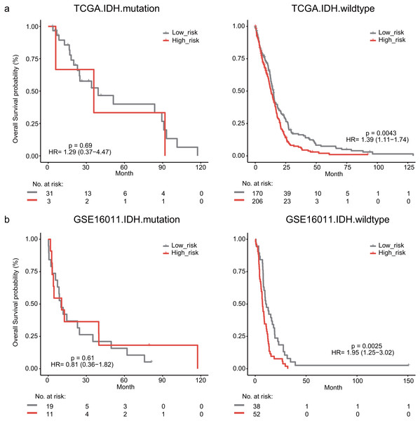 Kaplan–Meier analysis estimates of overall survival in TCGA (A) and the GSE16011 (B) datasets according to the IDH1 mutation status.