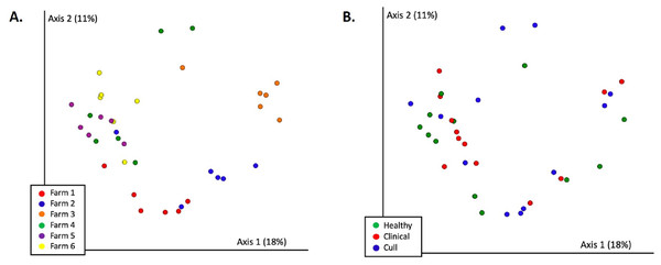 Fecal microbial communities (Bray Curtis) by (A) farm and (B) health status.
