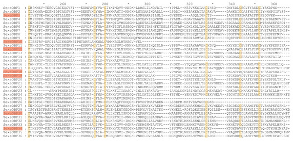 Amino acid sequence alignment of odorant-binding proteins (OBPs) with intact open reading frames in Spodoptera exempta.