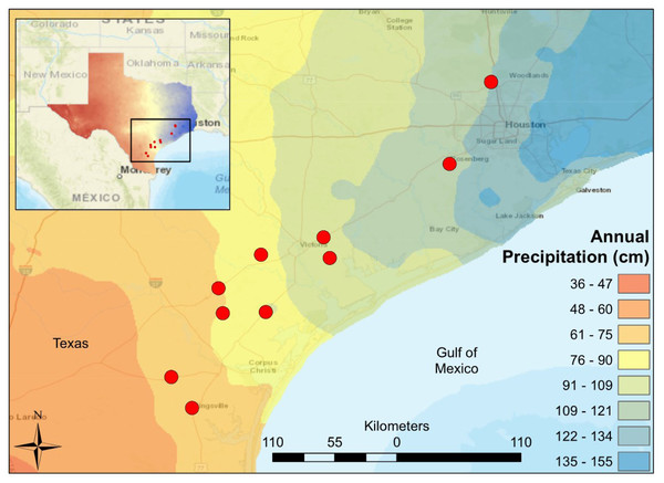 Map of South-Central Texas, where 10 USGS gaged streams were sampled in the spring of 2017.