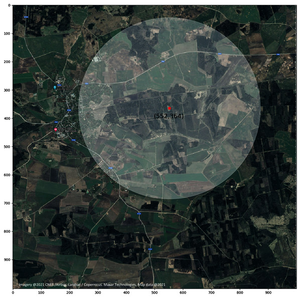 Target location of the apiary with the potential bee colony flight radius.