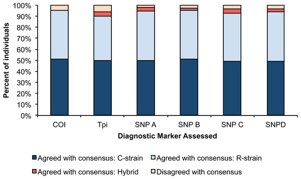 Percent of individuals for each diagnostic assay that were in agreement with the consensus strain.