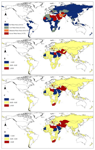 Country-based water stress index (1986-2005) and changes of water stress index under different climate change scenarios.