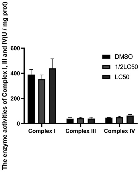 Alterations in enzymal activities of Complex I, III, and IV of O. hupensis snails exposed to C6.