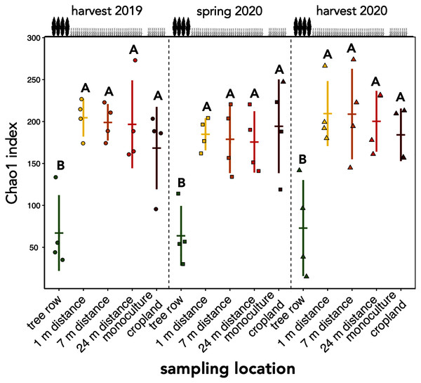 ASV richness of soil fungal communities in a paired temperate agroforestry and monoculture cropland system.