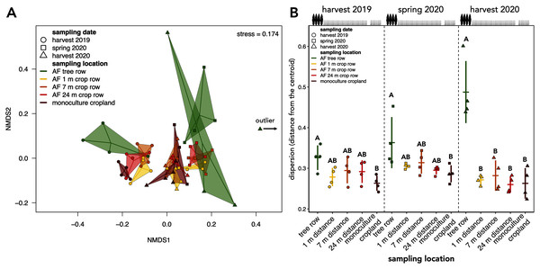 Beta diversity and intra-group dispersion of soil fungal communities in a paired temperate agroforestry and monoculture cropland system.