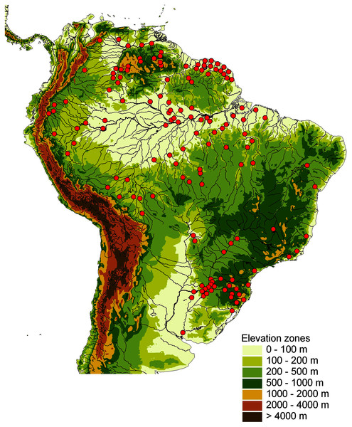 Map of sampling locations shown by red dots on a relief map of South America.