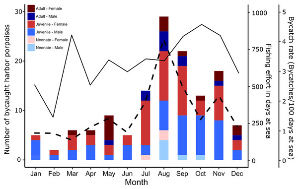 Seasonal distribution of harbor porpoise bycatches.