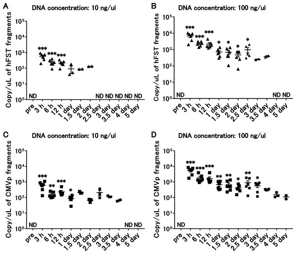 Long-term detection of transgene fragments for intramuscular injection.