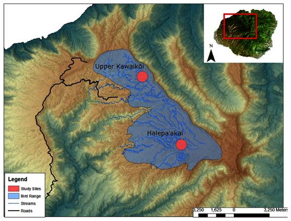 Sampling locations within the remaining endangered forest bird range on the island of Kauaʻi.