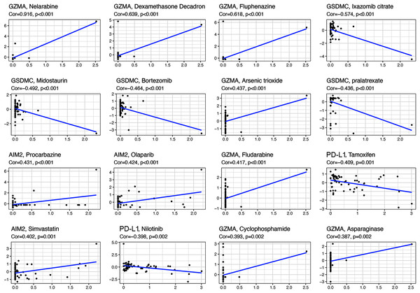 Scatter plots of top 16 classes of associations between pyroptosis genes and drug sensitivity.