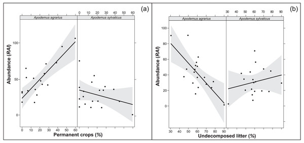 Relationships between population abundance, species and their interactions with environmental variables (A: permanent crops; B: undecomposed litter).