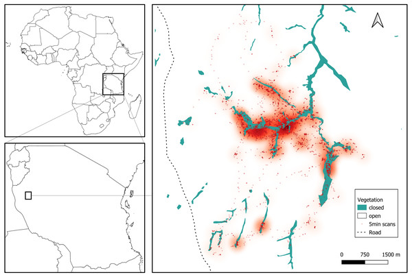 Study site in Issa Valley, Western Tanzania and chimpanzee locations during the late dry season from focal follows (7239 5-min scans).