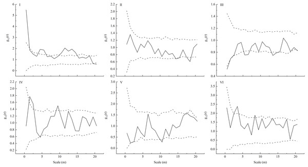 Bivariate analysis using null models (independence) for the competition (I-VI) between a pair of L. principis-rupprechtii seedlings and L. principis-rupprechtii adult trees.