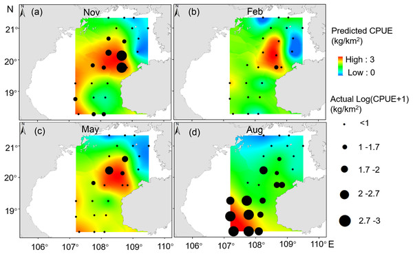 Predicted T. japonicus CPUE overlaid with actual fishing CPUE (black dots) from 2013 to 2014.