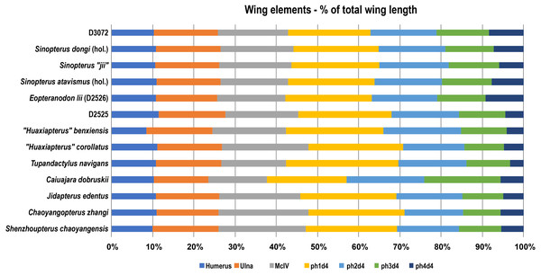 Wing elements proportions (in percentage of total wing length) in selected azhdarchoids.