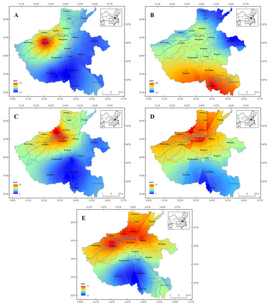 Spatial distribution characters of the major meteorological disasters in Henan Province before 1911 CE.