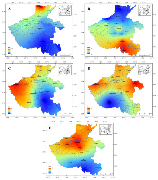 Spatial distribution characters of the major meteorological disasters in Henan Province since 1911 CE.
