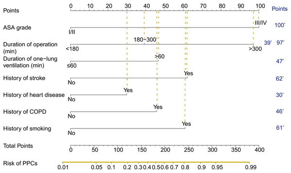 The nomogram used to predict PPCs in patients following thoracoscopic surgery.