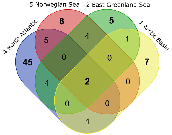 VENN-Diagram showing the total number of representative species per ecoregion as well as shared representatives occurring within several ecoregions.
