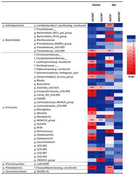 Significant season-and age-related differences between the treatments of reindeer in the composition of ruminal microbiota (genus level), identified by sequencing of 16S rRNA amplicons.