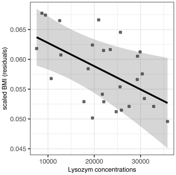 Effect of egg-white lysozyme concentrations on scaled BMI of Mallard (Anas platyrhynchos) hatchlings.