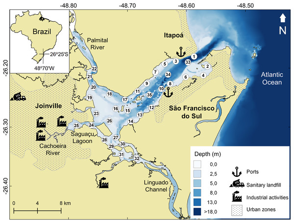 Babitonga Bay map and sampling sites.