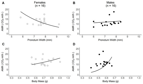 Sex-specific relationships between active metabolic rate (AMR) and both body size and body mass.