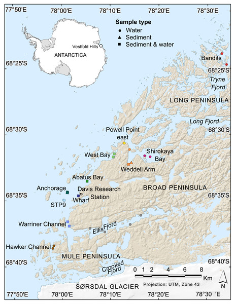 Map of nearshore benthic sampling sites in the Vestfold Hills, East Antarctica.