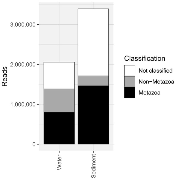 Number of sequencing reads from the COI marker classified as “metazoan”, “non-metazoan” and “not classified” for sediment and water environmental DNA (eDNA) and samples.