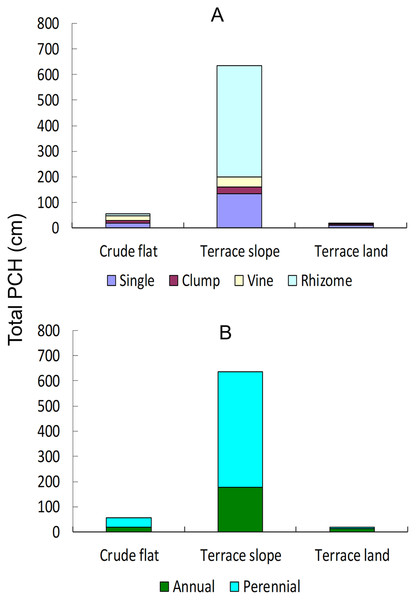 Cumulative PCH of weeds in different lands and soil layers.