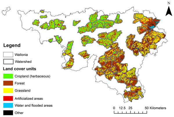 Land cover classes for the 92 watersheds studied (Lifewatch project; version 2.10, 2015; Delangre, Radoux & Dufrêne, 2017; Radoux & Bogaert, 2017).