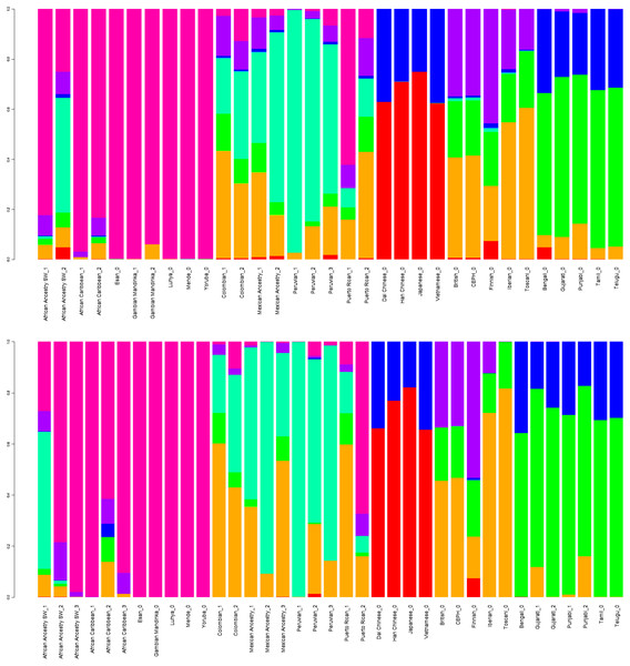 Clustered Admixture plot for worldwide individuals from 1000 Genomes Project.