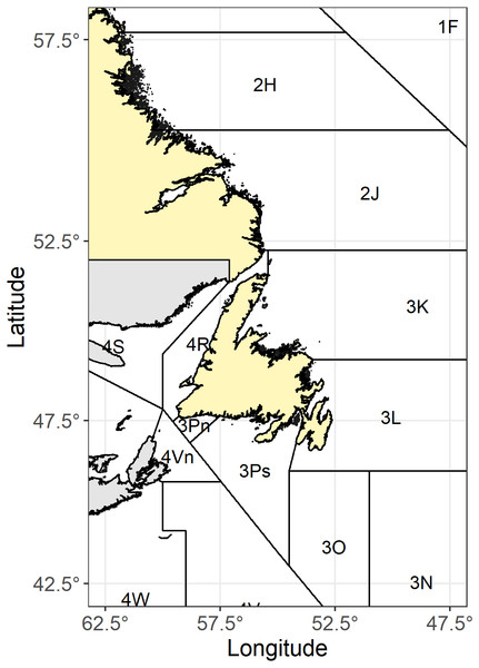 Map of Newfoundland and Labrador NAFO regions.