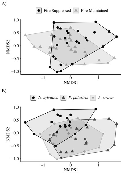 Non-metric Multidimensional Scaling (NMDS) plots of invertebrate communities measured in leaf packs from pine flatwoods wetlands on Eglin Air Force Base, Florida.