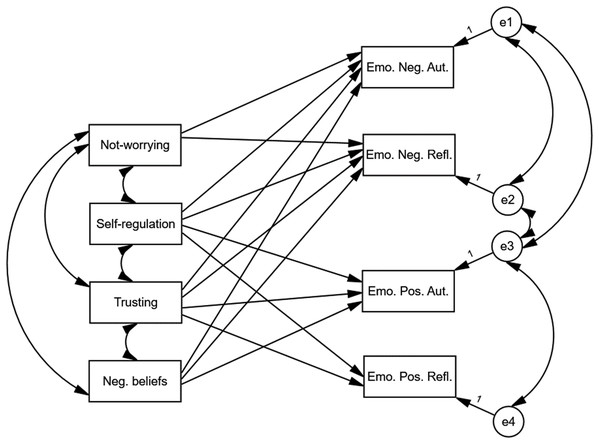 Final model of relationships between different types of emotions, MAIA’s scales and negative beliefs about health and body.