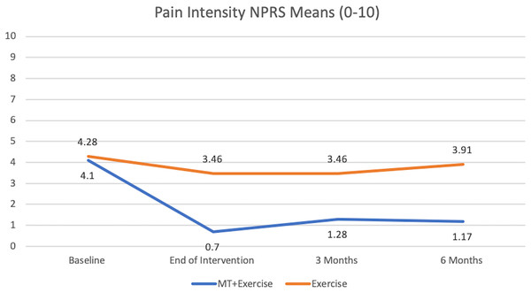 Pain intensity NPRS means (0–10).