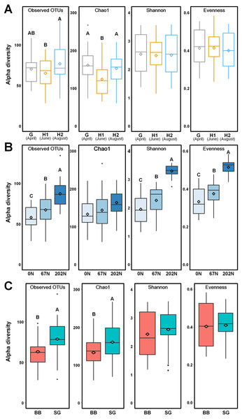 Alpha-diversity of ammonia-oxidizing bacterial communities in relation to (A) sampling seasons, (B) nitrogen fertilization rates, and (C) grass species.