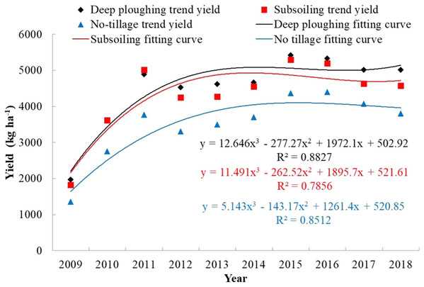 Trend yield and fitting of winter wheat under different tillage treatments.