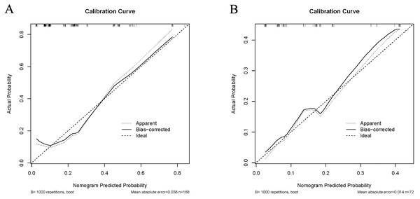 Calibration curve comparing predicted and actual probabilities of dermatomyositis with malignancy in the training cohort (A) and in the validation cohort (B).