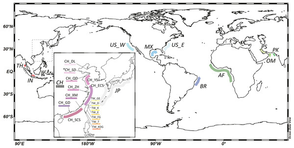 A map of localities of fishery (normal font) and GenBank samples (italic font) in this study.