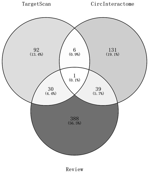 A Venn diagram of predictions from the targetscan database and Circinteractome database and alignments from previous studies in PubMed.
