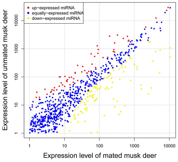 Differential expression profile of known miRNAs in unmated and mated musk deer.