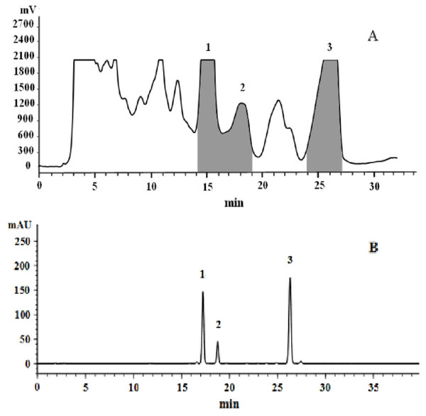 Representative preparative HPLC chromatogram of total tanshinones (A) and analytical HPLC chromatogram of the MCRS (B).