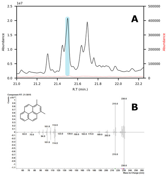 (A) Chromatograms showing the peak of 1,3-dimethylpyrene (marked in blue) found in LC-fraction 7 (black, pre-concentrated) and the aromatics fraction obtained via SPE (dotted red). (B) Mass spectra mirror plot of the LC-fraction peak showcasing its purity.