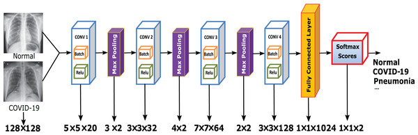 The proposed CXRVN architecture for COVID-19 classification using fully connected DCNN.