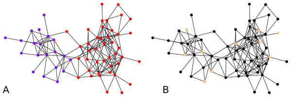 Clustering of the dolphin network: (A) Groundtruth clustering of the dolphin network, (B) an example of initial choice of cluster centers (indicated in distinctive color) with which our algorithm results in a clustering identical to the groundtruth, that is, F-score = 1.