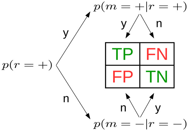 Three beta-binomial distributions p(·)—prevalence (left), true positive rate (top), true negative rate (bottom)—define the confusion matrix.