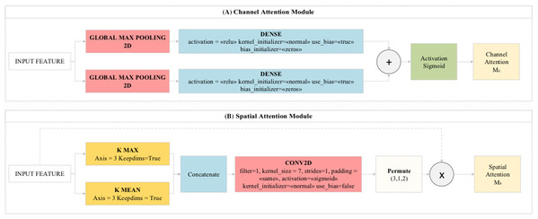 (A) Channel Attention Module and (B) Spatial Attention Module used in the proposed model.