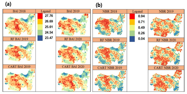 Spatial prediction of the BAI vegetation index (A) and the NBR vegetation index in 2019–2020 using IDW (B).